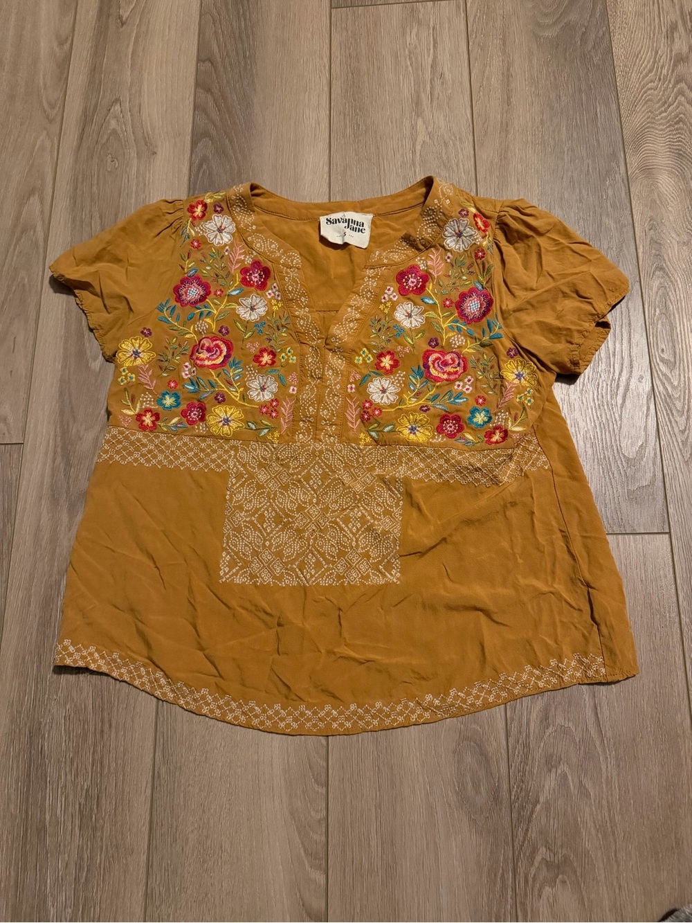 Savanna Jane Mustard Floral Embroidered V-Neck Blouse